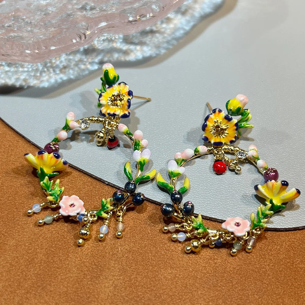 Departamento forestal nicho español marca flor gota redonda aceite luz lujo alto sentido moda jardín mariquita pendientes mujeres