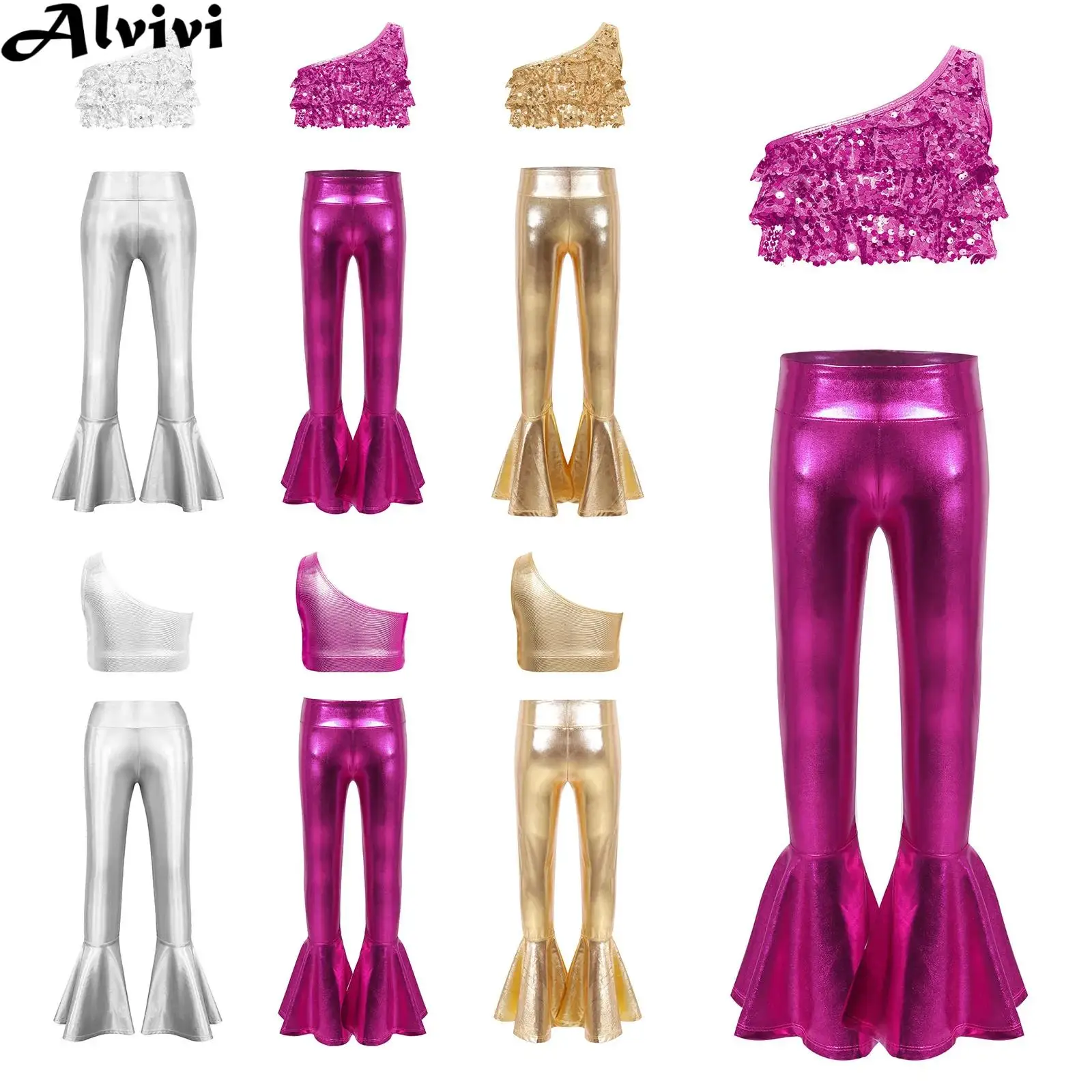 

Children Girls Hip Hop Jazz Dance Costume Sequin Crop Top with Metallic Shiny Flared Pants for Carnival School Party Performance