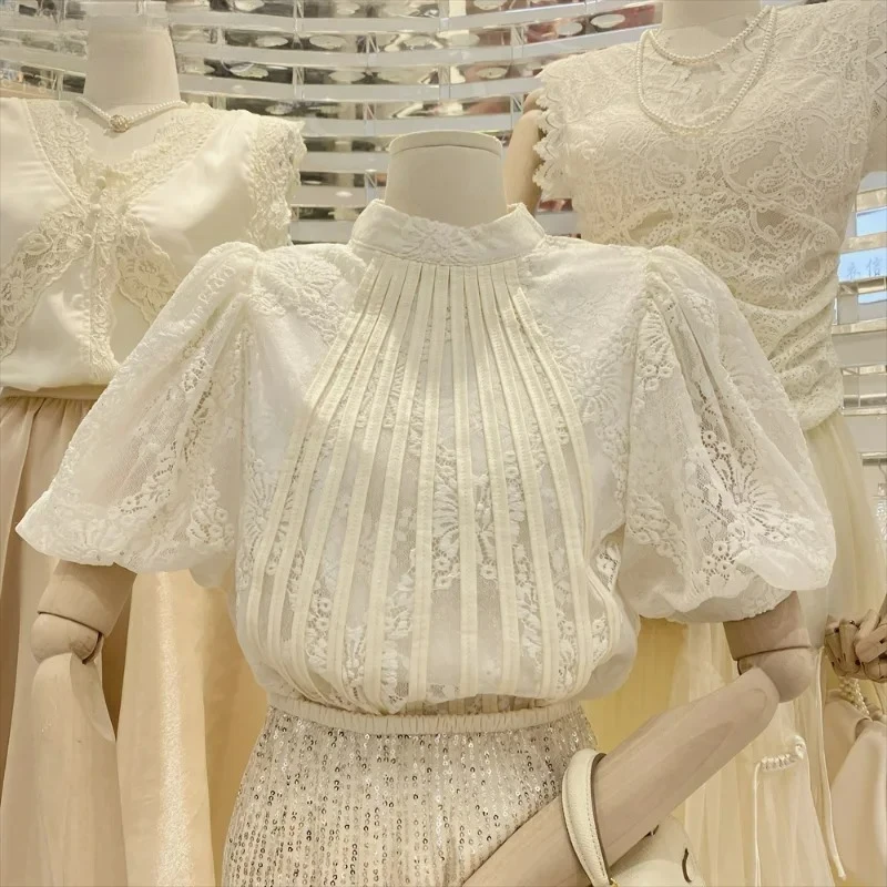 

Элегантные женские рубашки и топы: винтажная блузка для женщин с воротником-стойкой, пышными рукавами, летняя рубашка с модной вышивкой в корейском стиле (Blusas De Mujer)