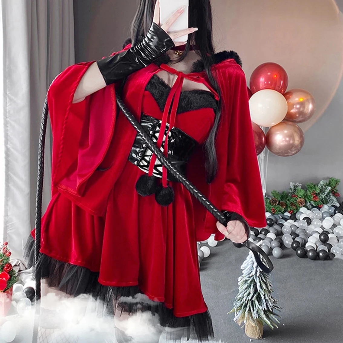 

2024 Women Christmas Xmas Lady Santa Claus Cosplay Costume Sexy Lingerie Winter Red Black Dress Cape Cloak Maid Waitress Uniform