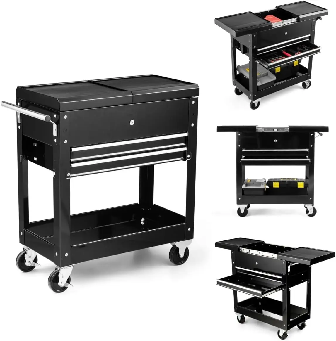 

Utility Service Cart Tool on Wheels Heavy Duty Metal 4 Tiers Shelves with Drawers Tool Storage Organizer