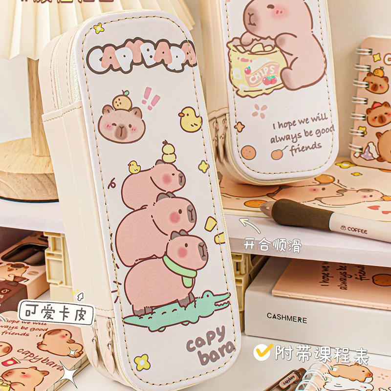 Cartoon Capybara Cute Multi-layer Pencil Case Large Capacity Aesthetic Stationery Anime Pencil Bag Box for Girls Organizer