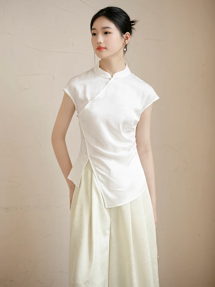 

Новая женская летняя блузка в китайском стиле, оригинальный дизайн, национальный чайный костюм, элитный, с вышивкой, улучшенный белый топ с воротником-стойкой