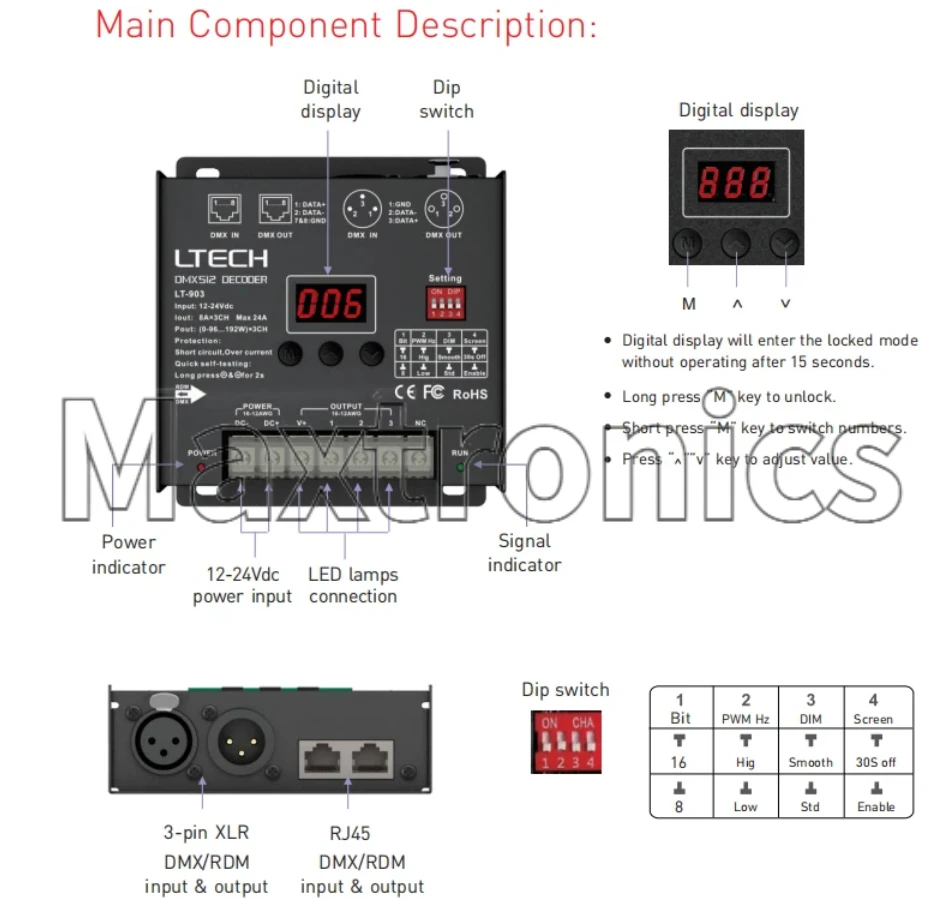 LTECH DMX512/RDM CV Decoder DC12-24V 8A/CH 3 Channel 24A 6A/4CH 4 Channel 3-pin XLR, RJ45, Green Terminal RGB RGBW DMX512 Slaver