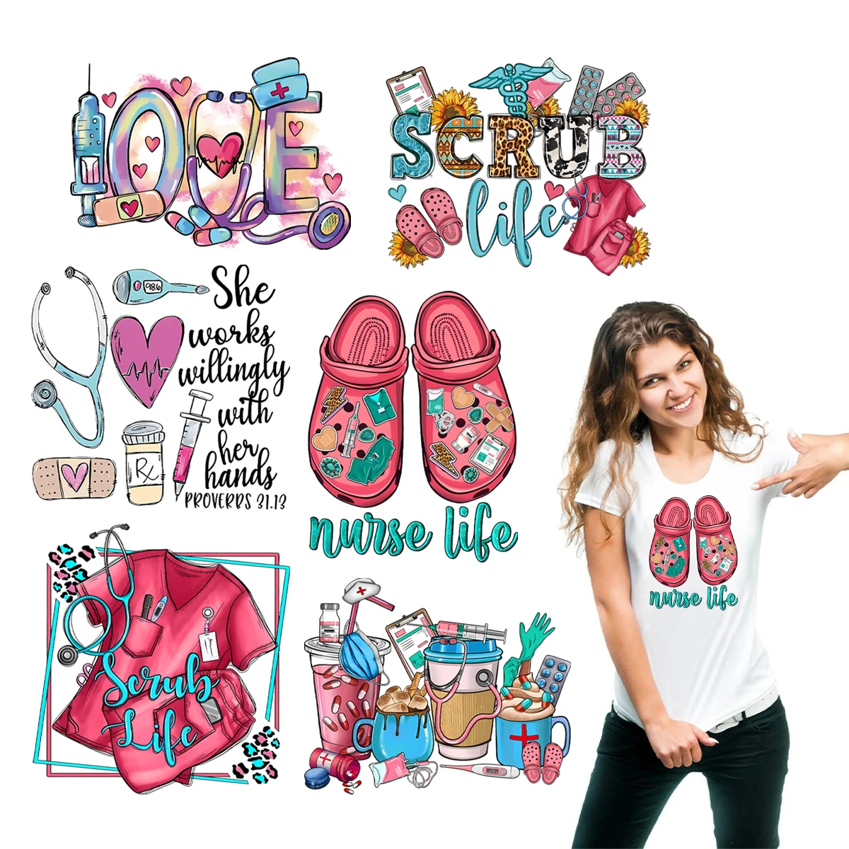 6Pcs Nurse Life Theme Pattern DIY Iron-On Decals Sticker,Personalized Iron on Patches for Clothing Decals, Decoration Sticker