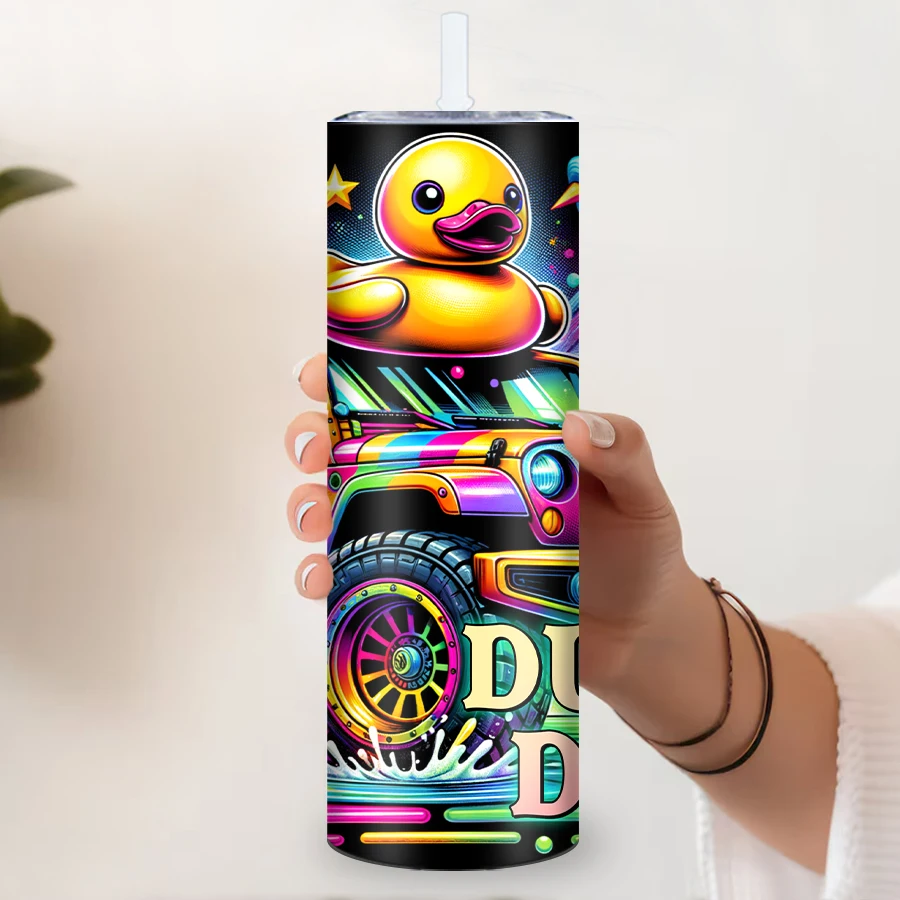 20oz 3D Print Colorful Funny Duck Cyberpunk Style Tumbler Straw Lid 1Pc Stainless Steel Insulated Tumblers Winter Festive Mugs