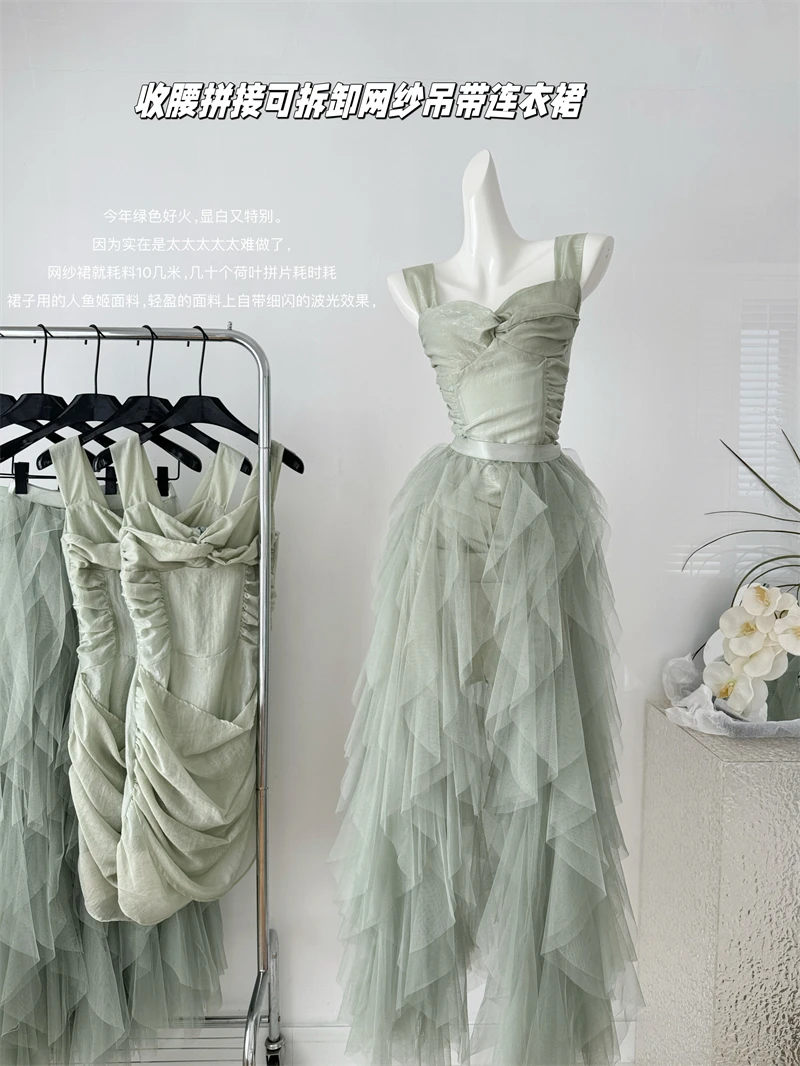 Women's Green A-line Dress Vintage Elegant Sleeveless Square Collar Mesh Long Dresses Y2k One Piece Frocks 2000s Clothes Summer