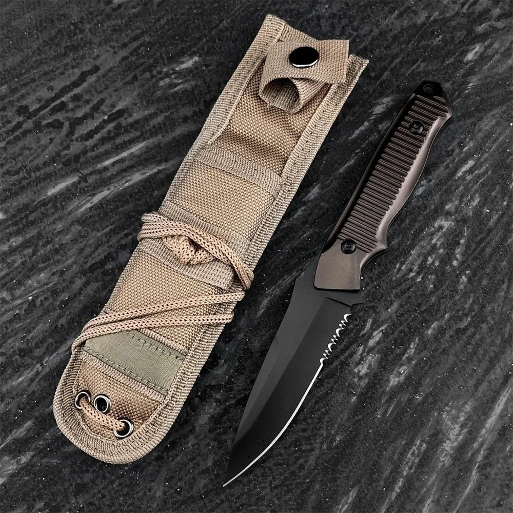 140BK Fixed Blade Straight Knife, Serrated Plain Combo Blade, Lightweight Aluminum Handle, Outdoor Camping Hiking Survival Tool
