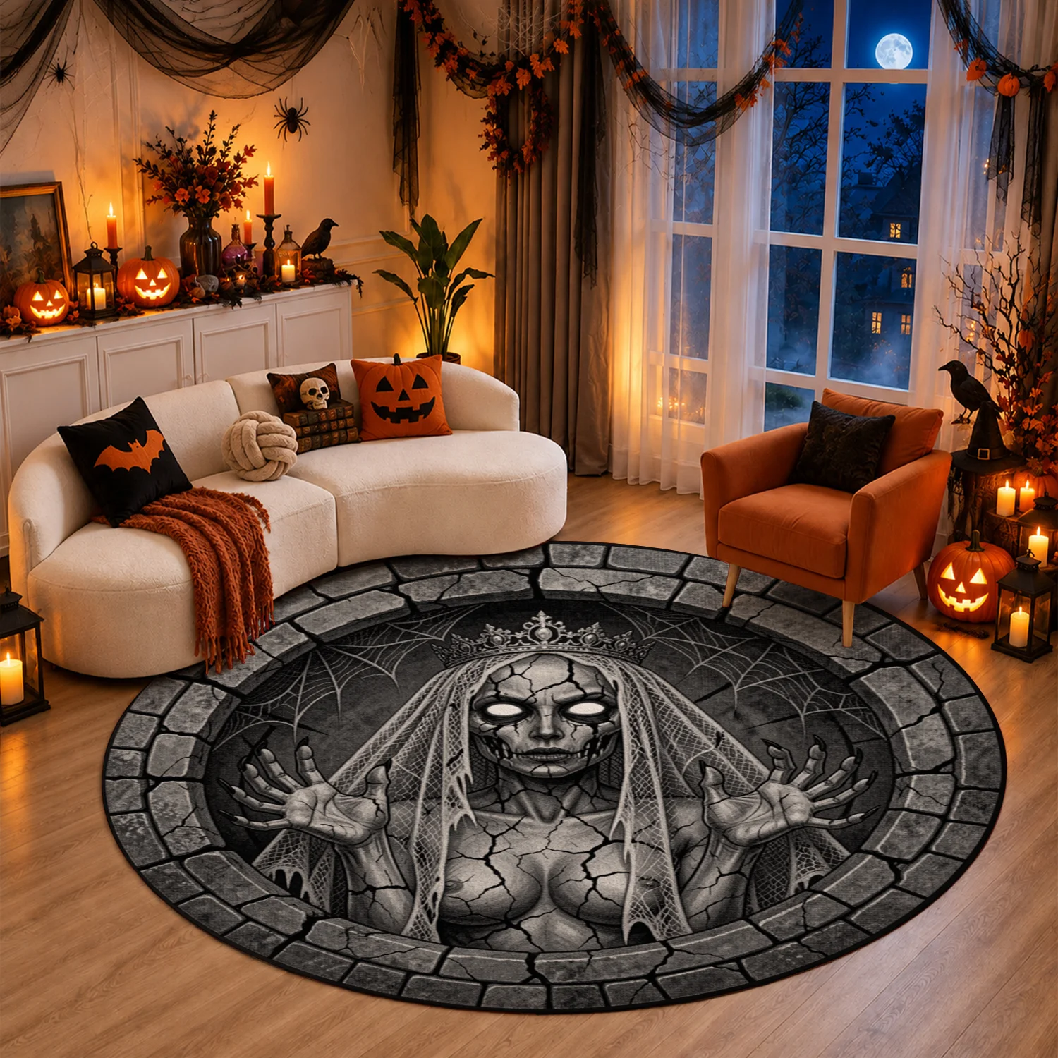 Creepy Zombie Queen Bride Well Spiderweb Design Round Velvet Rug Machine Washable for Living Room Bedroom Entryway Halloween Thanksgiving Black Friday Christmas New Year