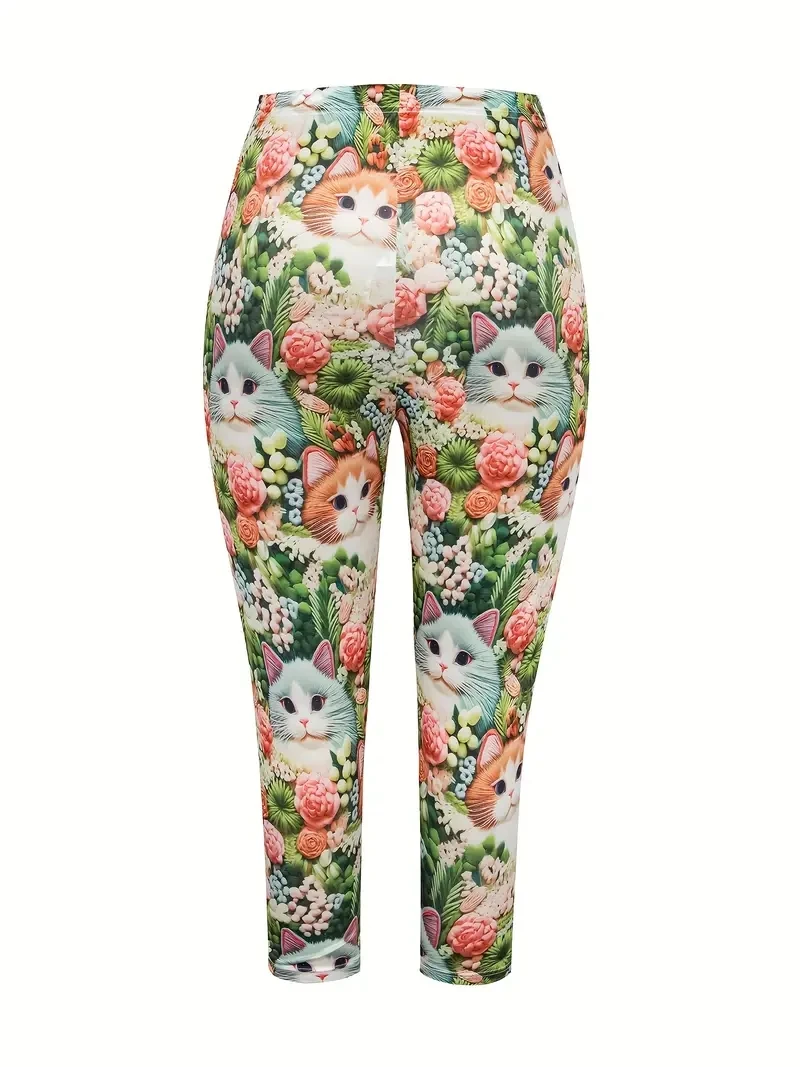 Floral & Cat print casual Pants for women Stretch elasticated waist leggings Capri pants for women