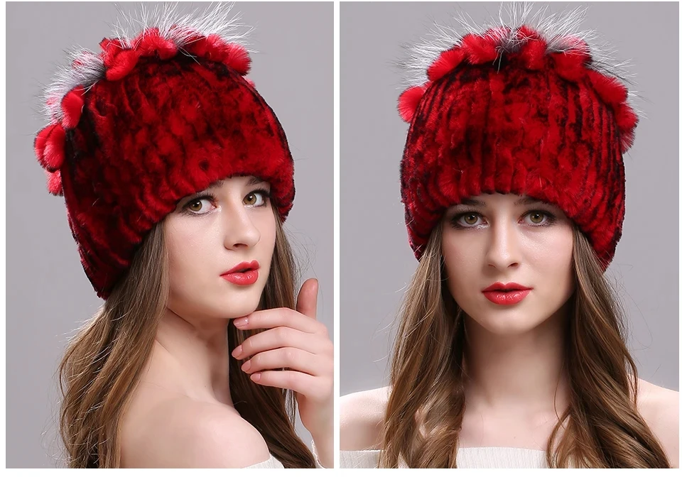 Strickmütze für Damen, 100 % echte Rex-Kaninchenfellmütze mit Blumen, Oberteile, warme, hochwertige Beanie-Damenmütze aus echtem Pelz für den Winter – Detail 28