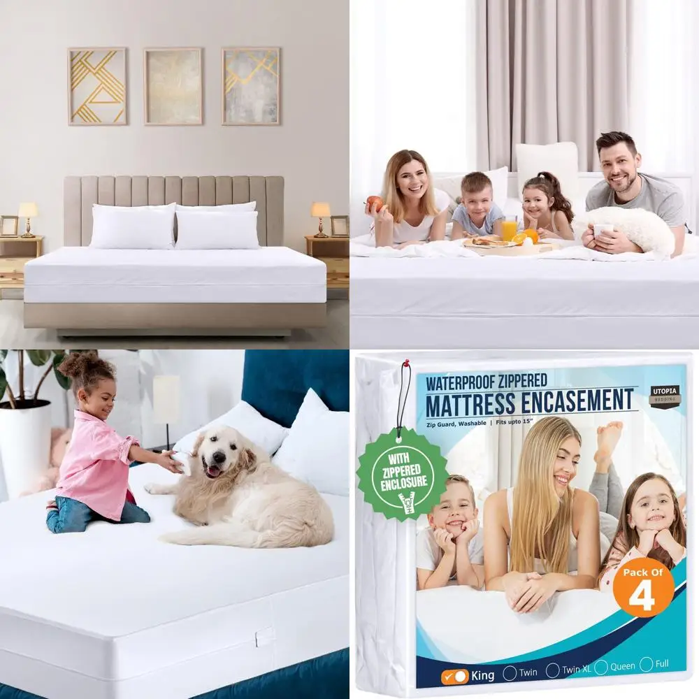

King Size Waterproof Mattress Protectors (4-Pack), Zippered, Bed Bug & Dust Mite Resistant, 6-Sided Absorbent Cover