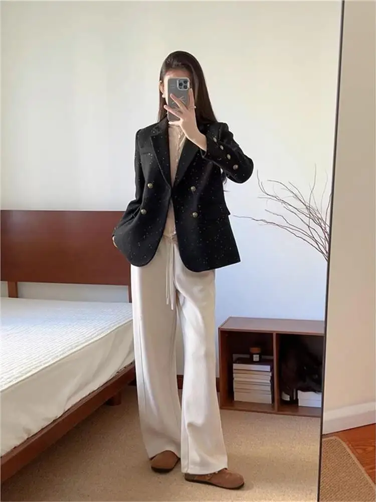 سترة نسائية أنيقة ولامعة للربيع والخريف، تصميم فضفاض متعدد الاستخدامات، ملابس خارجية طويلة الأكمام مناسبة للمكتب