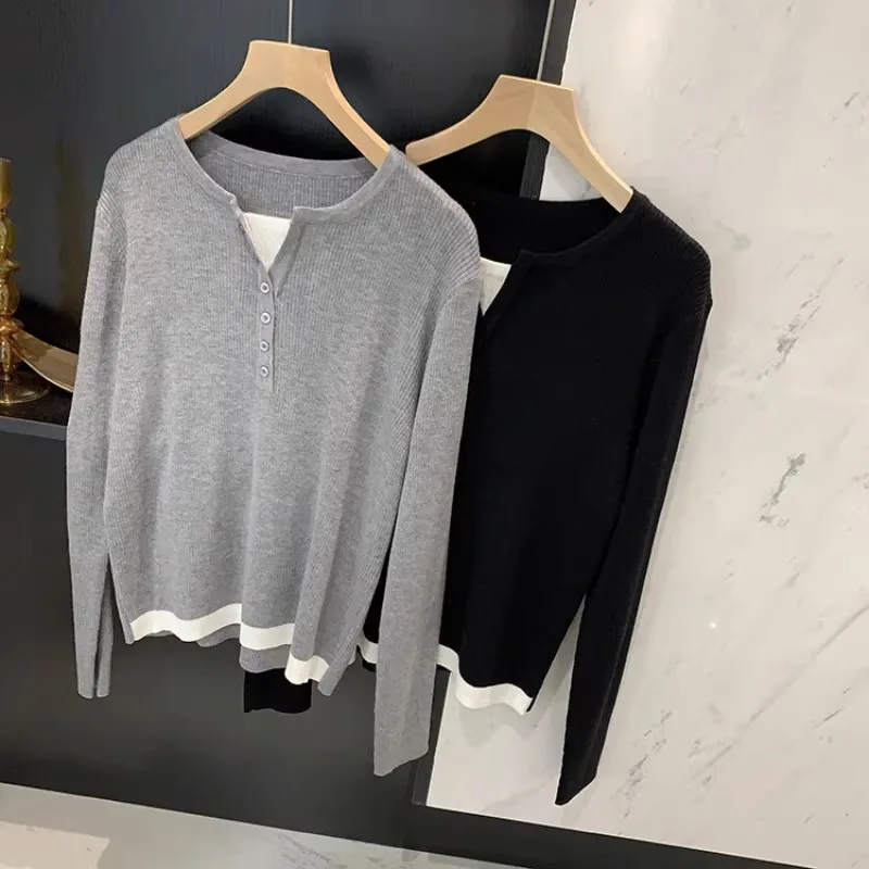 Fashion Korean version half open collar fake two cashmere knitwear women with spring autumn look slim inside with wool sweater