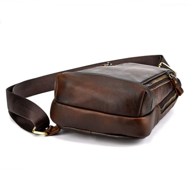 Vintage Full Cowhide Grain Leather Chest Bag For Men Casual Hand Painted And Worn Messenger Bag Male Shoulder Crossbody Bag T201