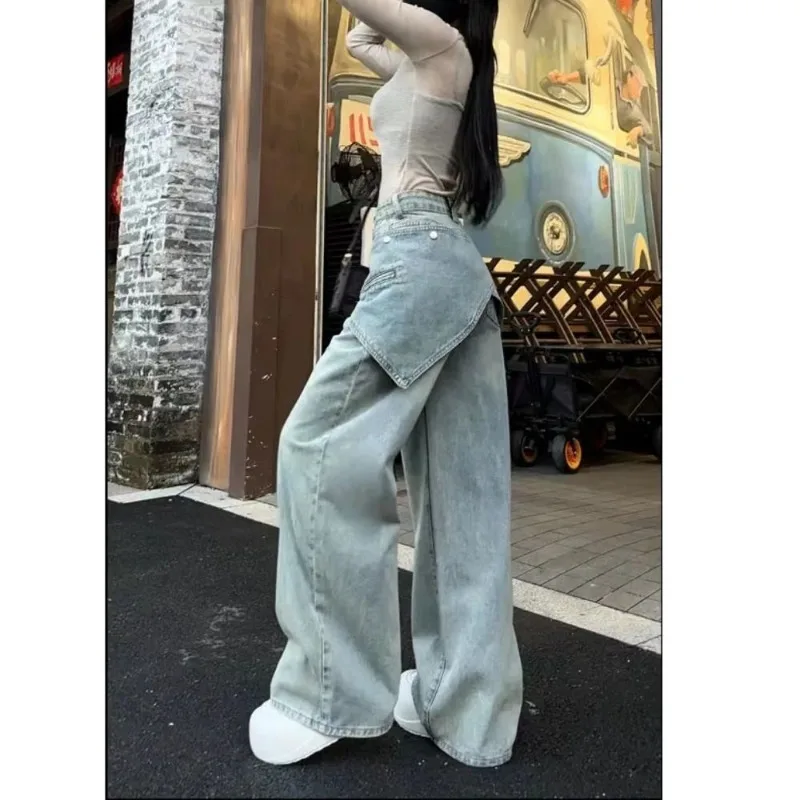 Cool High-waisted Jeans Female Plus Size Retro Street Personality Detachable Waist Belt Stacked Wide-leg Pants