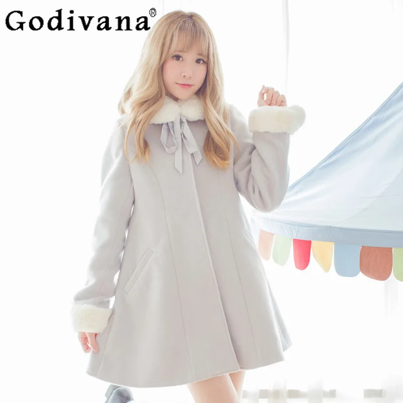 

Original Design Lolita Sweet Fur Collar Lantern Sleeves Woolen Coat Lady Autumn and Winter Fashion Elegant Long Coat for Women