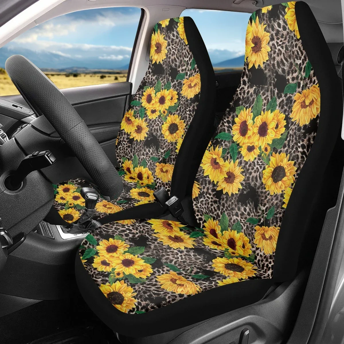 INSTANTARTS Leopard Sunflower Printing Car Vest Seat Cover Cute 3D Design Vehicle Front Seat Covers Decor Protector for Sedan