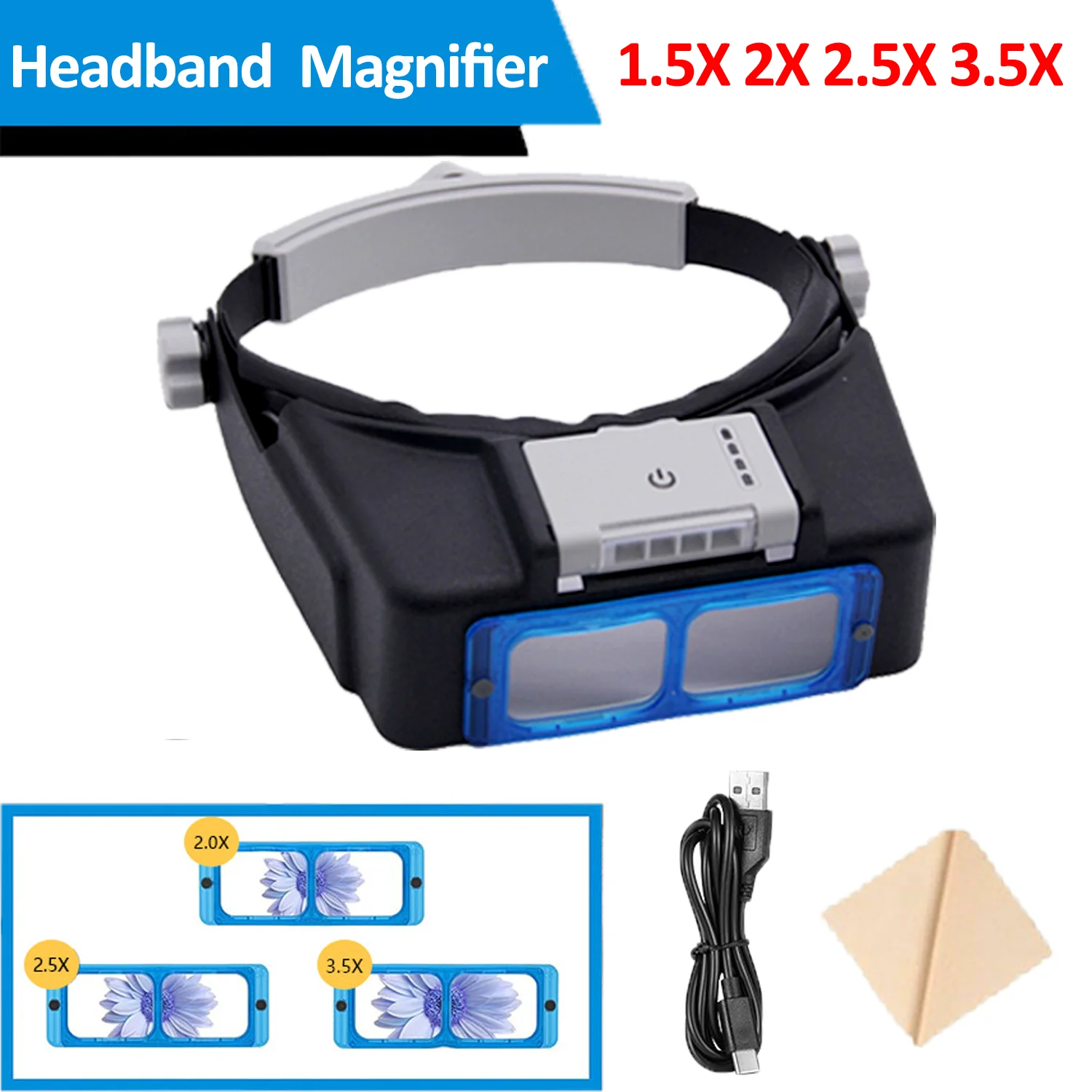 عدسة مكبرة عقال مع 4 مصابيح LED نظارات مكبرة مضيئة قابلة لإعادة الشحن 1.5X 2X 2.5X 3.5X المكبر لإصلاح القراءة