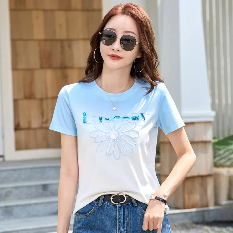 

Женская летняя футболка с коротким рукавом и круглым вырезом, хлопковые модные топы с вышивкой и блестками градиентного цвета, футболки