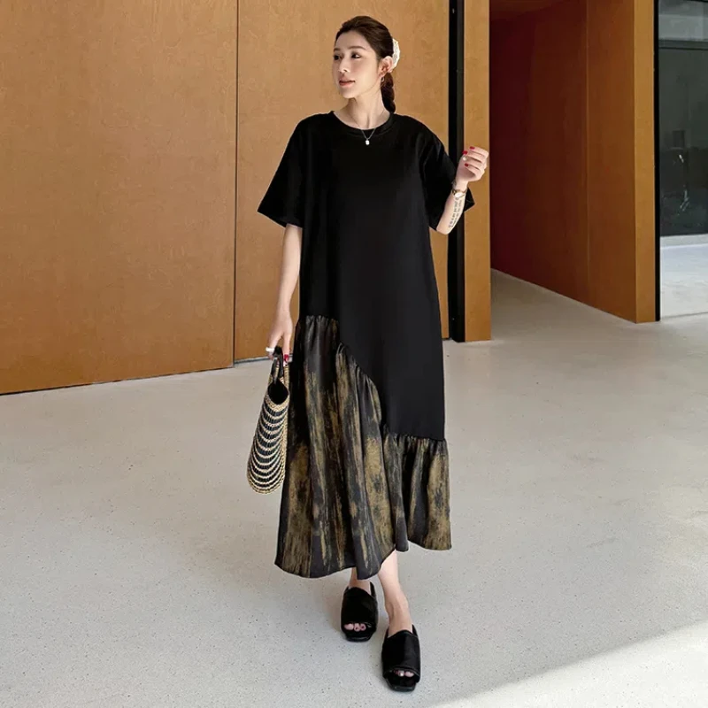 Summer 2025 New Women's T-Shirt Dresses Plus Size Loose Satin Patchwork Black Dress Lady Vestidos Casual Female Robe KE6808