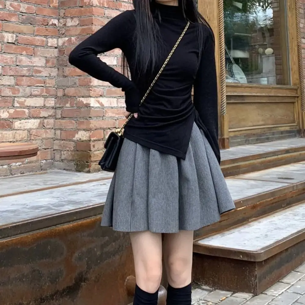 

Half High Collar Long Sleeve T-shirt Irregular Simple Slim Drawstring Pullover Bottoming Shirt Undershirt Crop Top Women Y2k