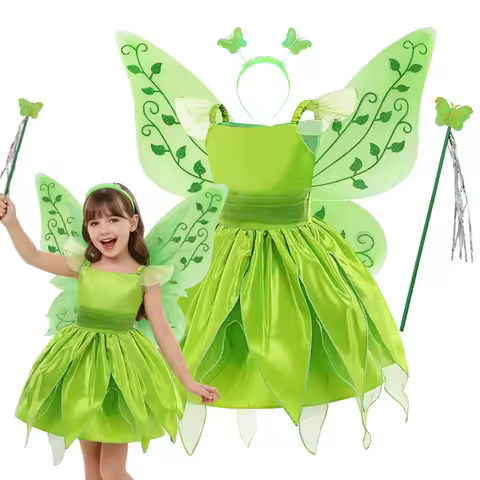 Disney Classic Movie Elf Tinker Bell Girls Cosplay Fairy Dress Green Suspender With Wing Flower Headwear Party for Girl Costume
