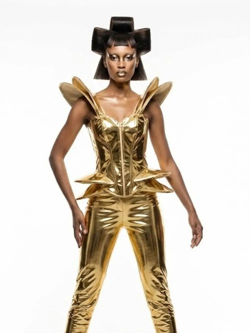 Damen-Korsett im Punk-Stil, glänzendes Metallic-Finish, glitzerndes PU-Leder, 3D-Schulterflügel-Formung, Crop-Top, Halloween-Party-Set – Detail 8