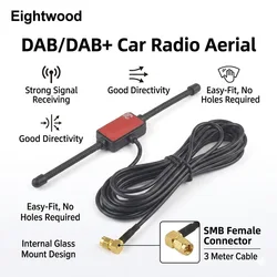 Eightwood Universal 433MHz DAB+Automobile Radio Dipole Antenna Aerial Glass Mount SMB Connector for Pioneer Alpine
