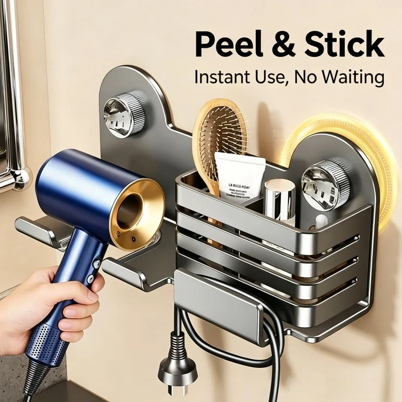 Soporte de Succión para Secador de Pelo, Organizador de Peines y Estante de Almacenamiento para Baño, Sin Necesidad de Taladrar