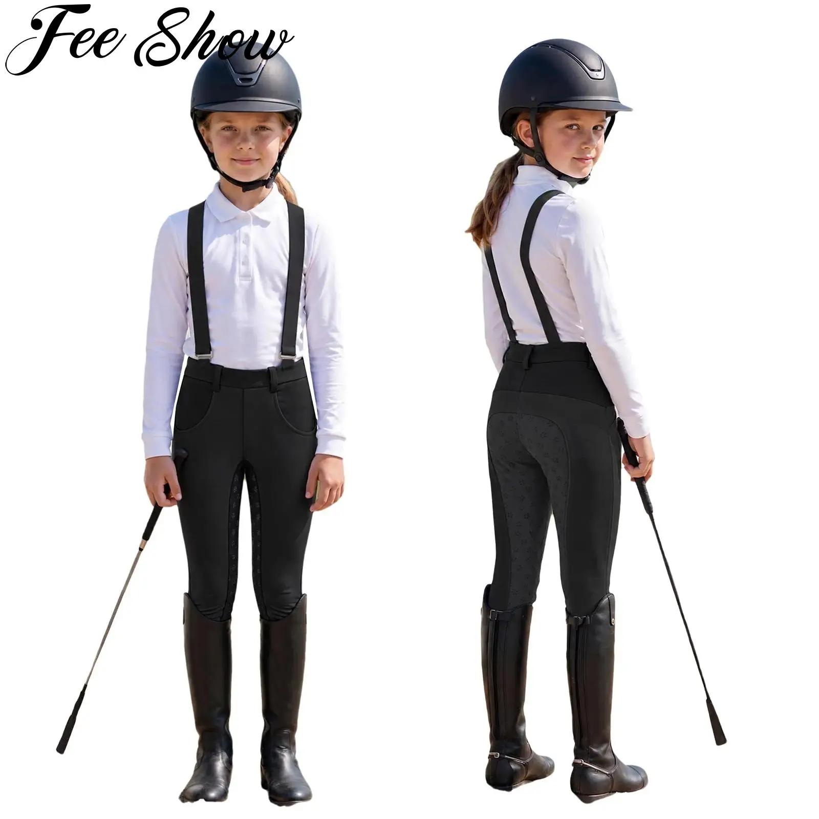 Kid Girls Sport Horse Riding Pants Full Seat Equestrian Breeches Elastic Waistband Leggings with Straps Pockets Schooling Tights