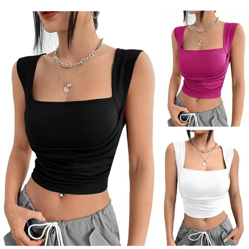 Summer Womens Sexy Slim Tanks Top Solid Color Square Collar Tube Top Sleeveless Vest Ladies T-Shirt Y2K Hot Girl Costume