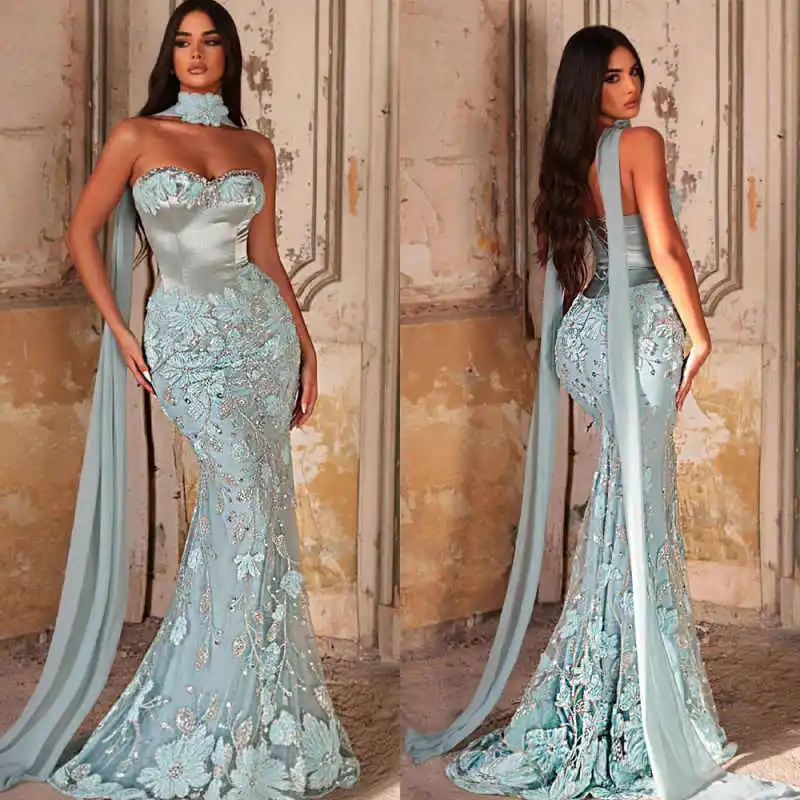 

Exquisite 3D Flowers Evening Dresses Sleeveless Floor Length Mermaid Prom Gowns Beaded Celebrity Party Customized