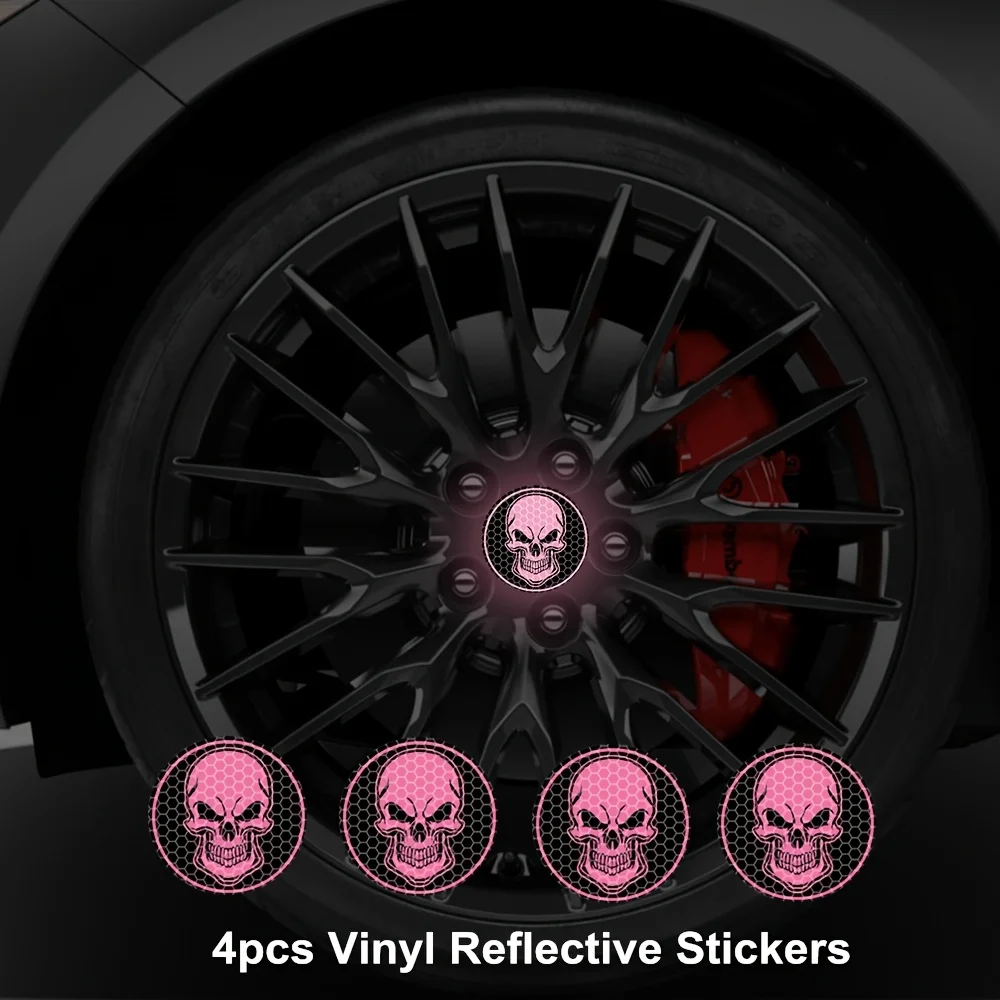 Suitable for Night Driving Safety Warning Thriller Skull Reflective Car Wheel Hub Sticker, Self-adhesive Waterproof