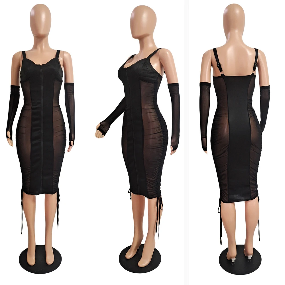 Elegante transparente Mesh Patchwork träger los durchsichtig Party Club Midi Kleid Frauen Sommer V-Ausschnitt rücken freie Strand Outfit Kleider Robe