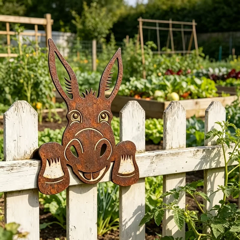 Vintage Rusty Metal Donkey Peeking Fence Decoration，【2DPlane】Fun Farm Animal Garden Art