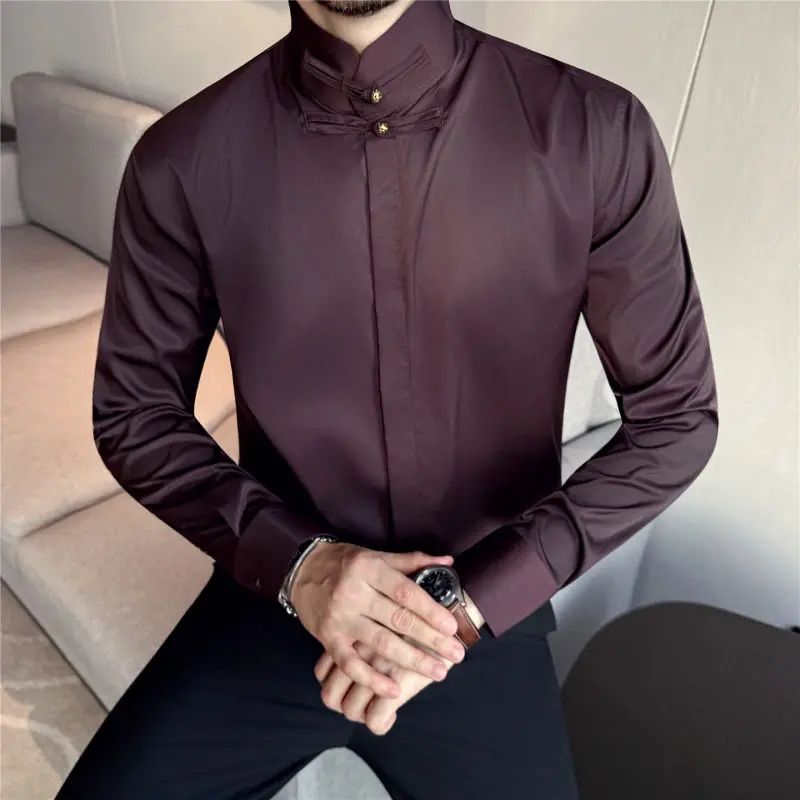 

Faionable Slim Fit Chinese Sle irt High Collar Button Decoration Design Sense Men's Stand Collar irt Urban Sle
