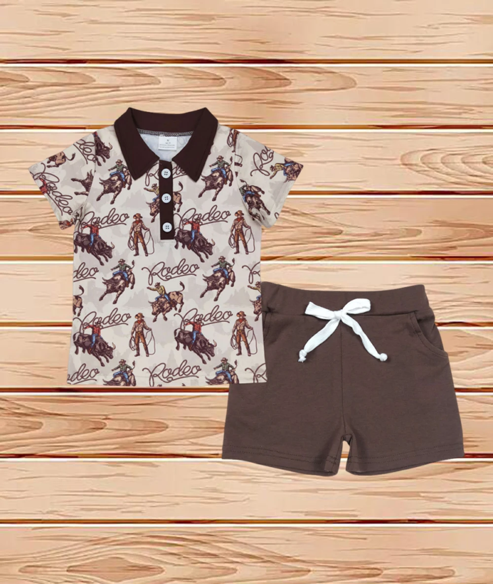 

3.26 Wholesale Western Boutique children clothing Outfits Baby Boys Western Rodeo Pullovers Shirt Brown Shorts Outfits Sets
