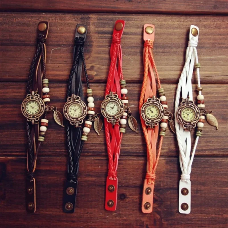 Разноцветные женские кожаные винтажные кварцевые часы-браслет, наручные часы, подарок в виде листа