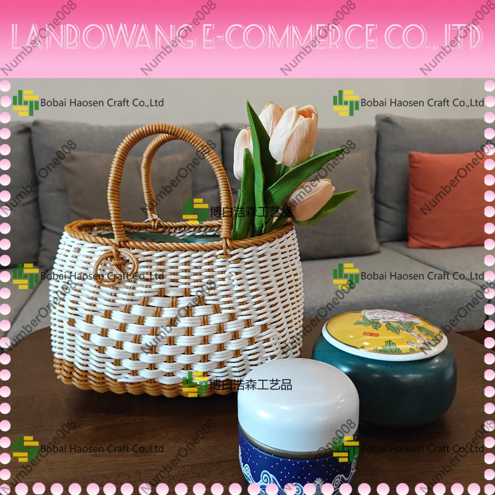 Handwoven Rattan Style Shopping Fruit Bread Basket Striped Decorative Storage for Home