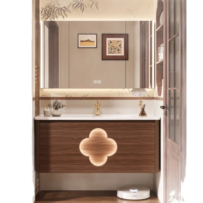 

New Chinese style Song style aesthetic bathroom cabinet combination ceramic integrated basin oak washstand face antique bathroom