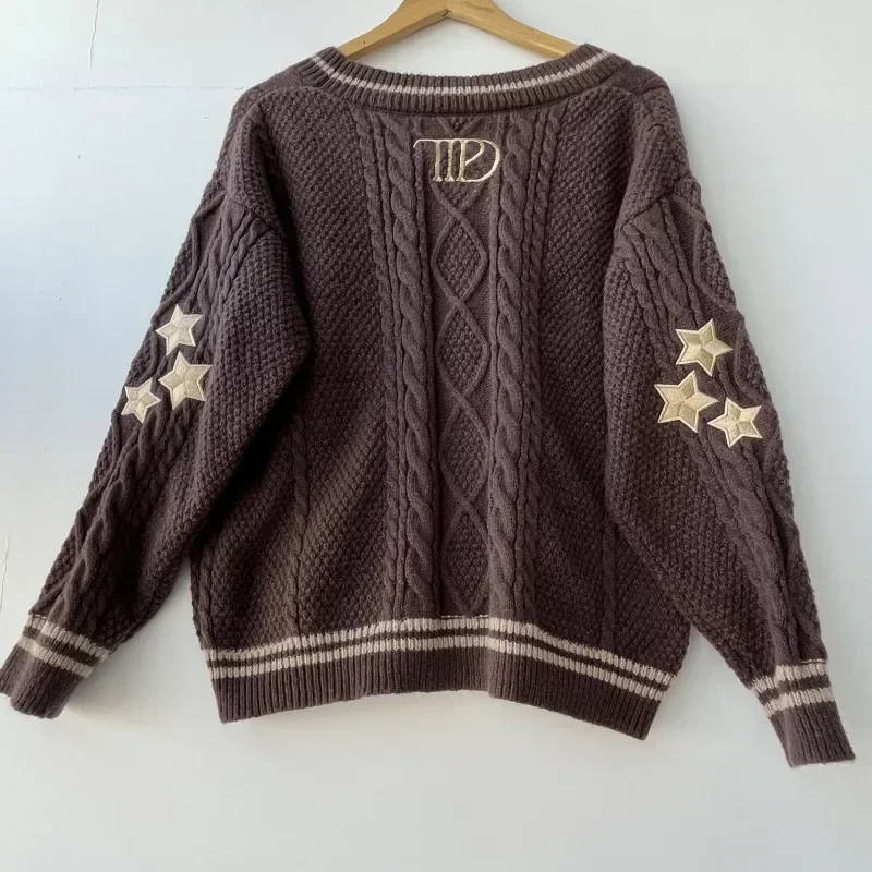 Stars Embroidery Cardigan WomenDark Brown V-neck Knitted Cardigans Female Autumn Winter Long Sleeve Sweaters Vintage Soft Tops