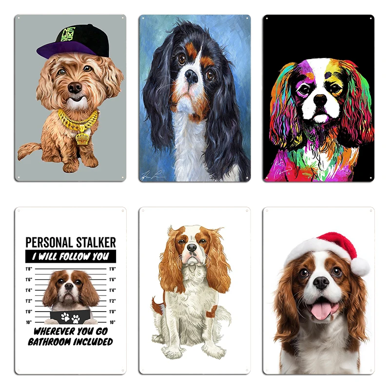 Cavalier King Charles Spaniel Dog Bright Colorful Pop Dog Art Metal Signs King Charles Cavalier Portrait Tin Sign Posters