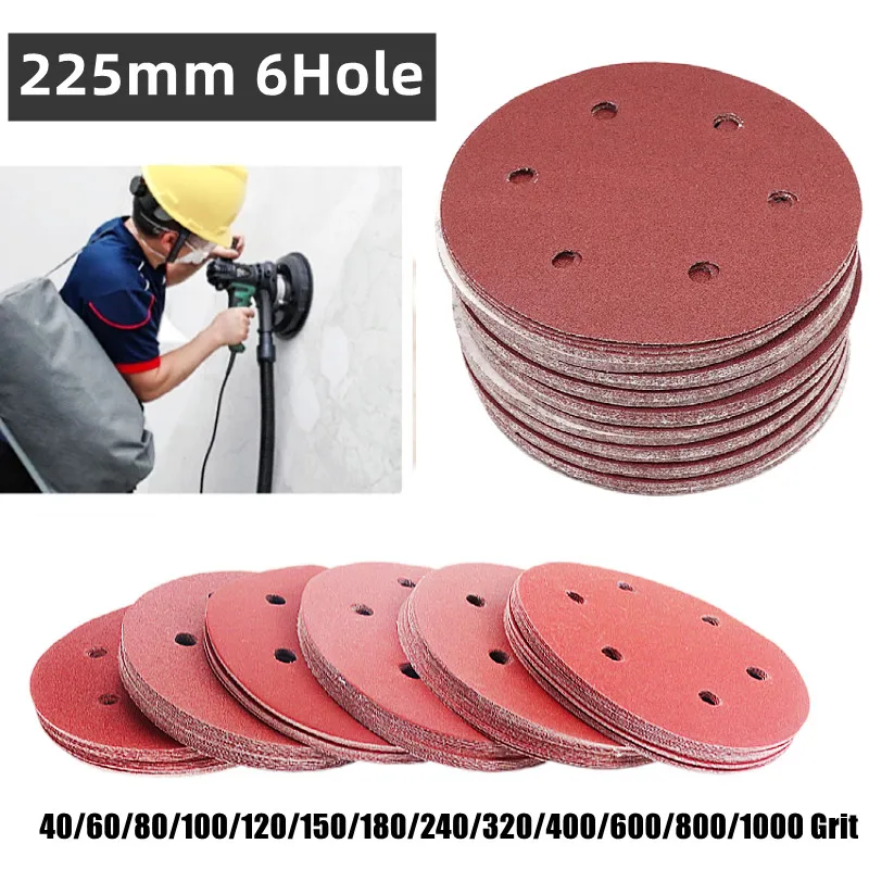 15 Buah 9 Inci 225Mm 6 Lubang Pengamplasan Disk Amplas Berbagai Macam Lubang 40-1000 Grit untuk 215 Listrik Kering Dinding Sander Gelap
