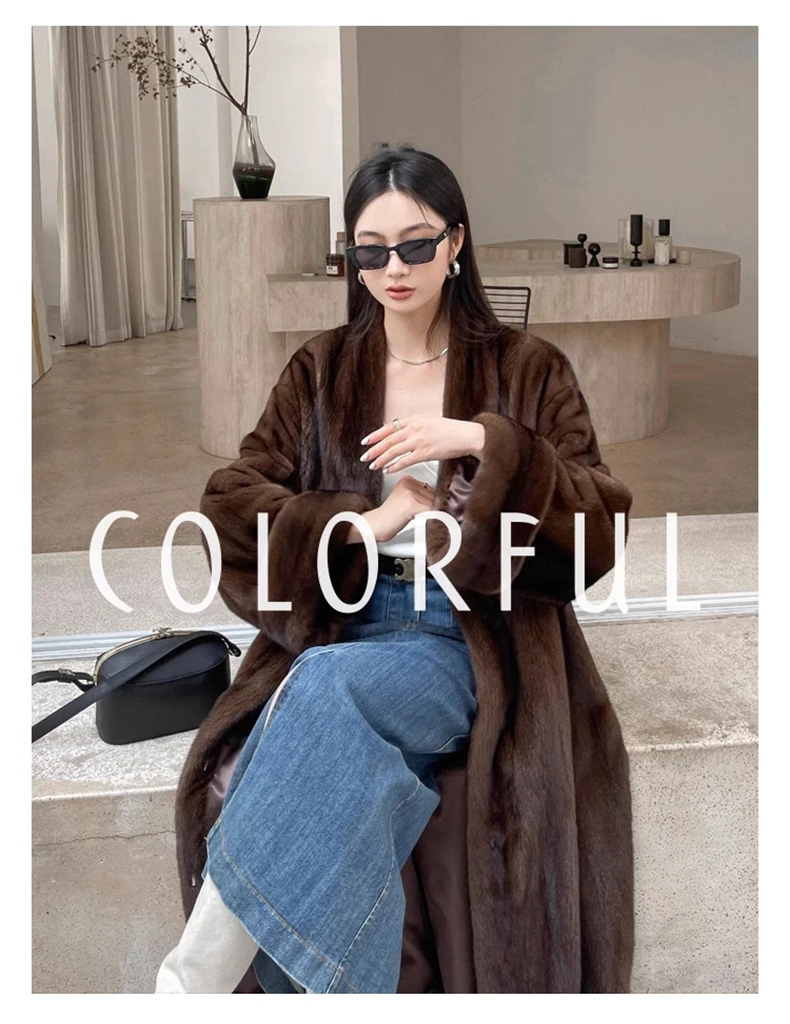 Lautaro Winter Long Vintage Elegant Luxury Chic Thick Warm Soft Brown Fluffy Faux Mink Fur Coat Women V Neck Furry Overcoat 2023