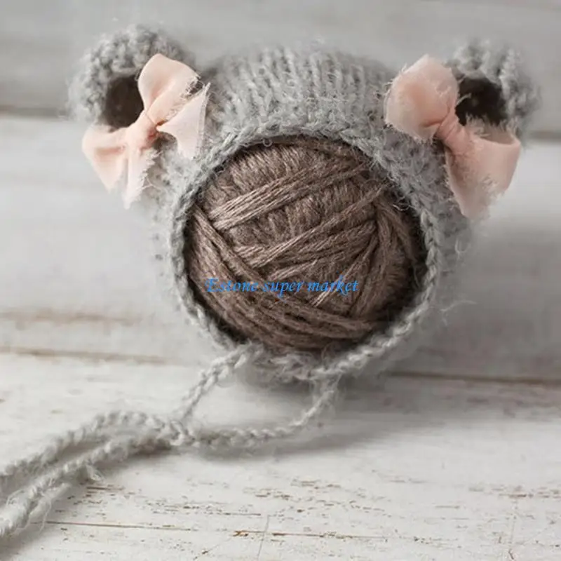 

090B Newborn Photography Props Crochet Mohair Hat Baby Bowknot Knitted Cap Infants Photo Accessories Gift
