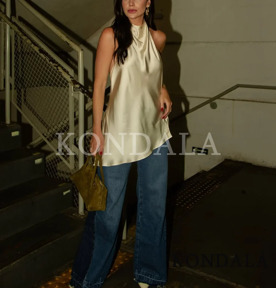 KONDALA Trendy Elegante Raso Halter Top Donna Chic Sexy Cena Backless Top 2026 Primavera Estate Moda High Street Holiday Top