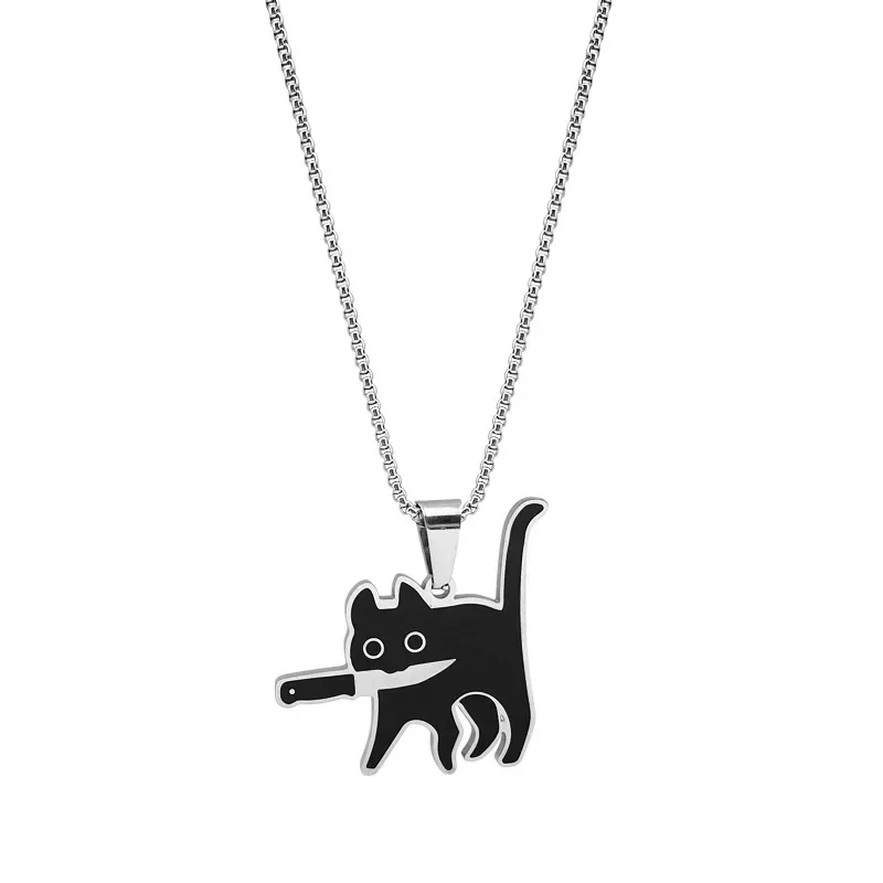 10pcs/lot Black Cat With Knife In Mouth Necklace Cartoon Kitten Pendant for Hip Hop Necklace Halloween Party Decorate Jewelry