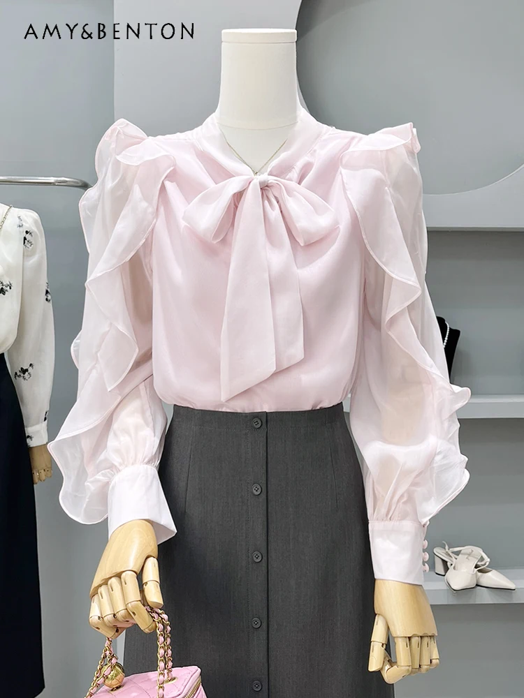 

French Style High-Grade Ruffled Blouse Women Spring Summer New Sweet Pink Bow Chiffon Shirts Office Lady Loose Slim Blusas Mujer