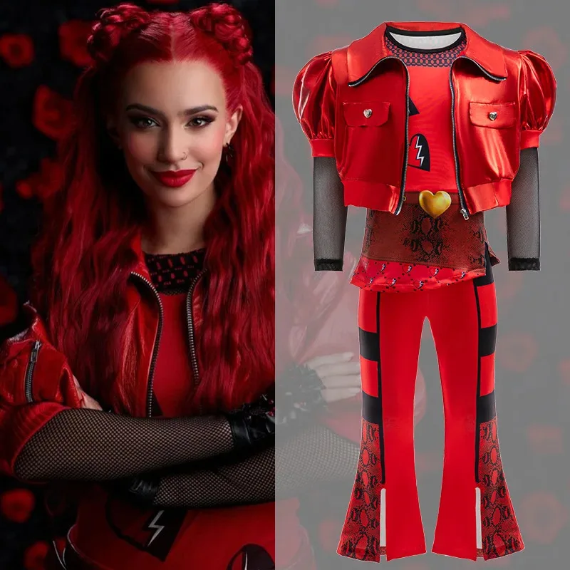 

Girls Descendants 4 Red Cosplay Costume Movie The Rise of Red Accion Halloween Disguise Party Dress Up Suit For Kids